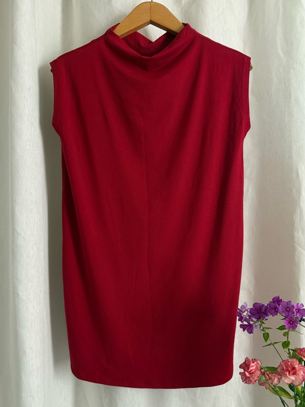 NWT Eileen Fisher Funnel Neck Tunic XS Red Viscose Jersey Cap Sleeve Top USA